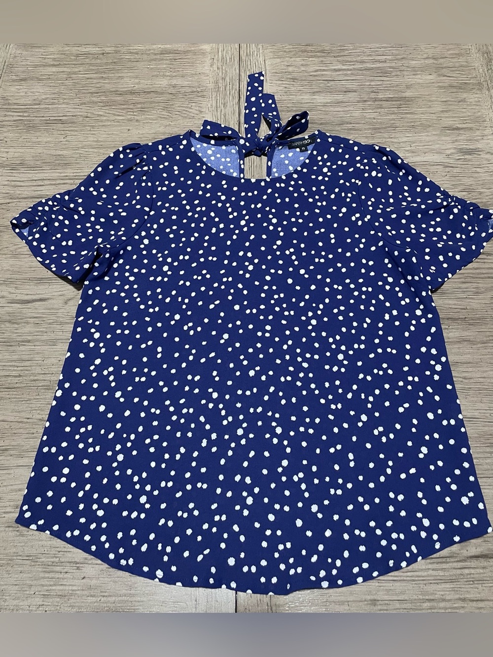 Papermoon XS top, blue & white polka dots, cute tie at the back of neck